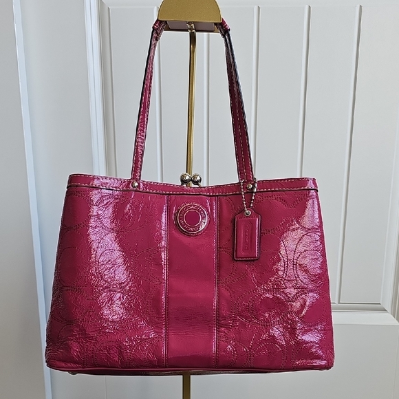 Coach Handbags - Coach 2012 Fuchsia Liquid  Leather Tote With Kisslock